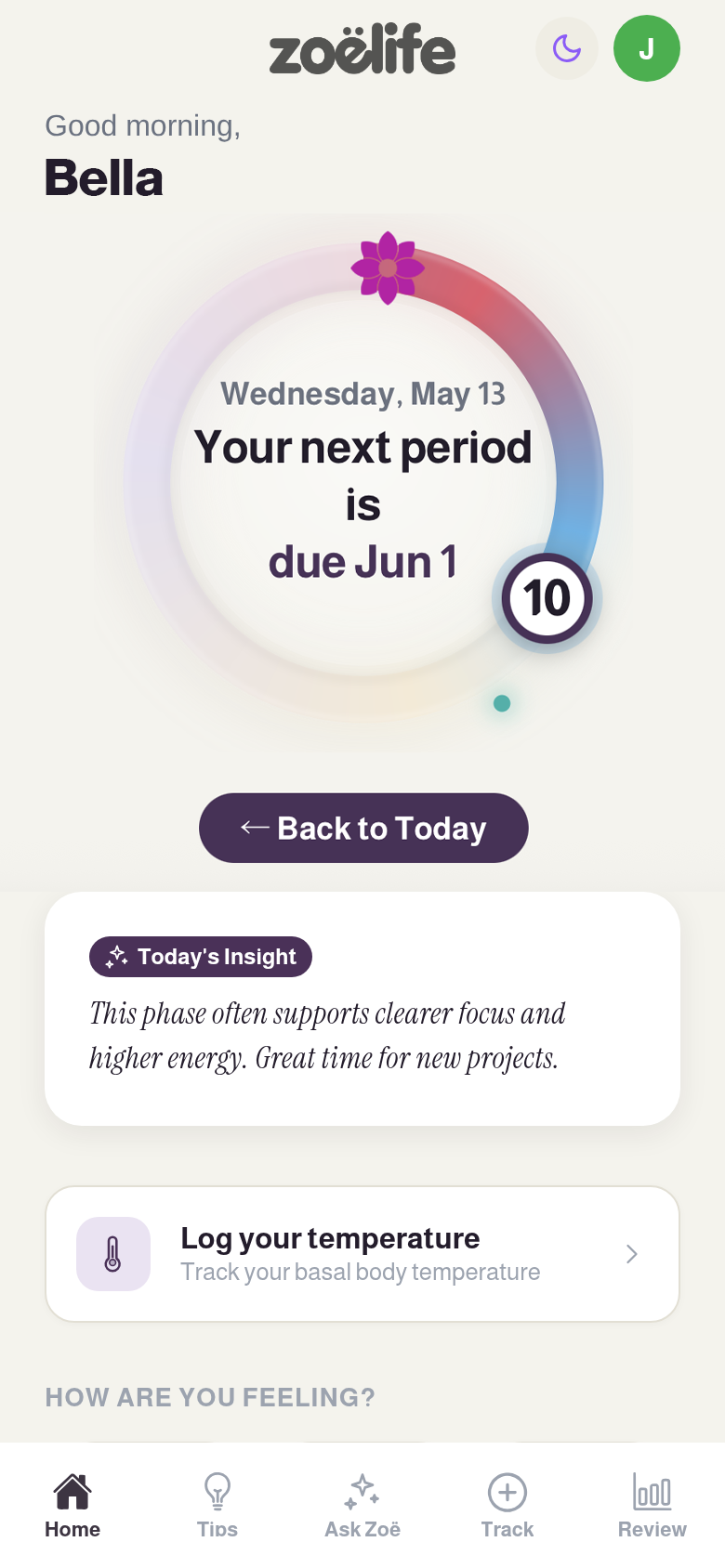 Zoë Life home dashboard