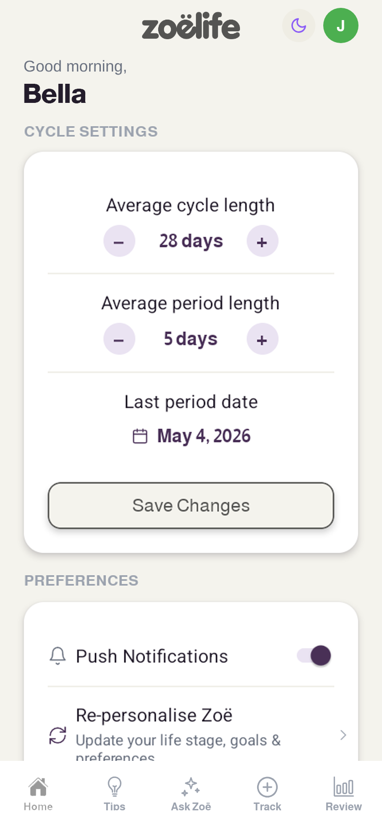 Cycle settings in profile